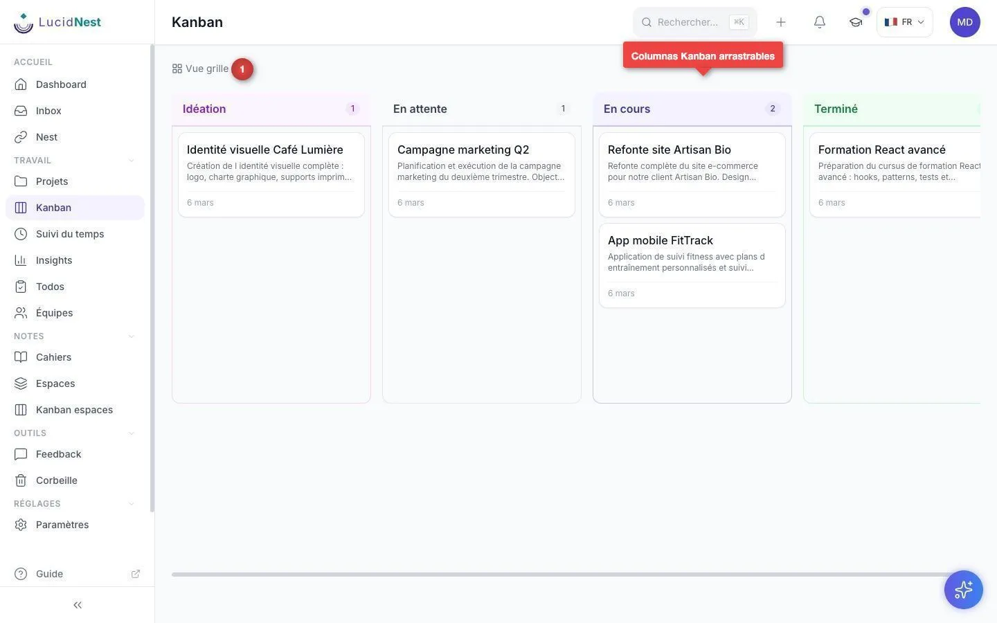 Tablero Kanban por proyecto con columnas de arrastrar y soltar
