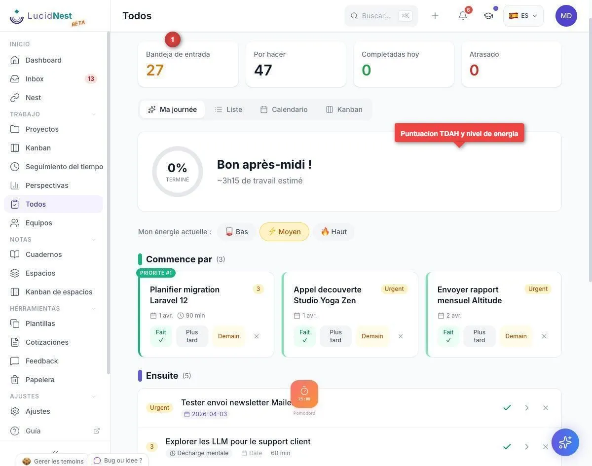 Vista Mi día IA con lista inteligente para TDAH
