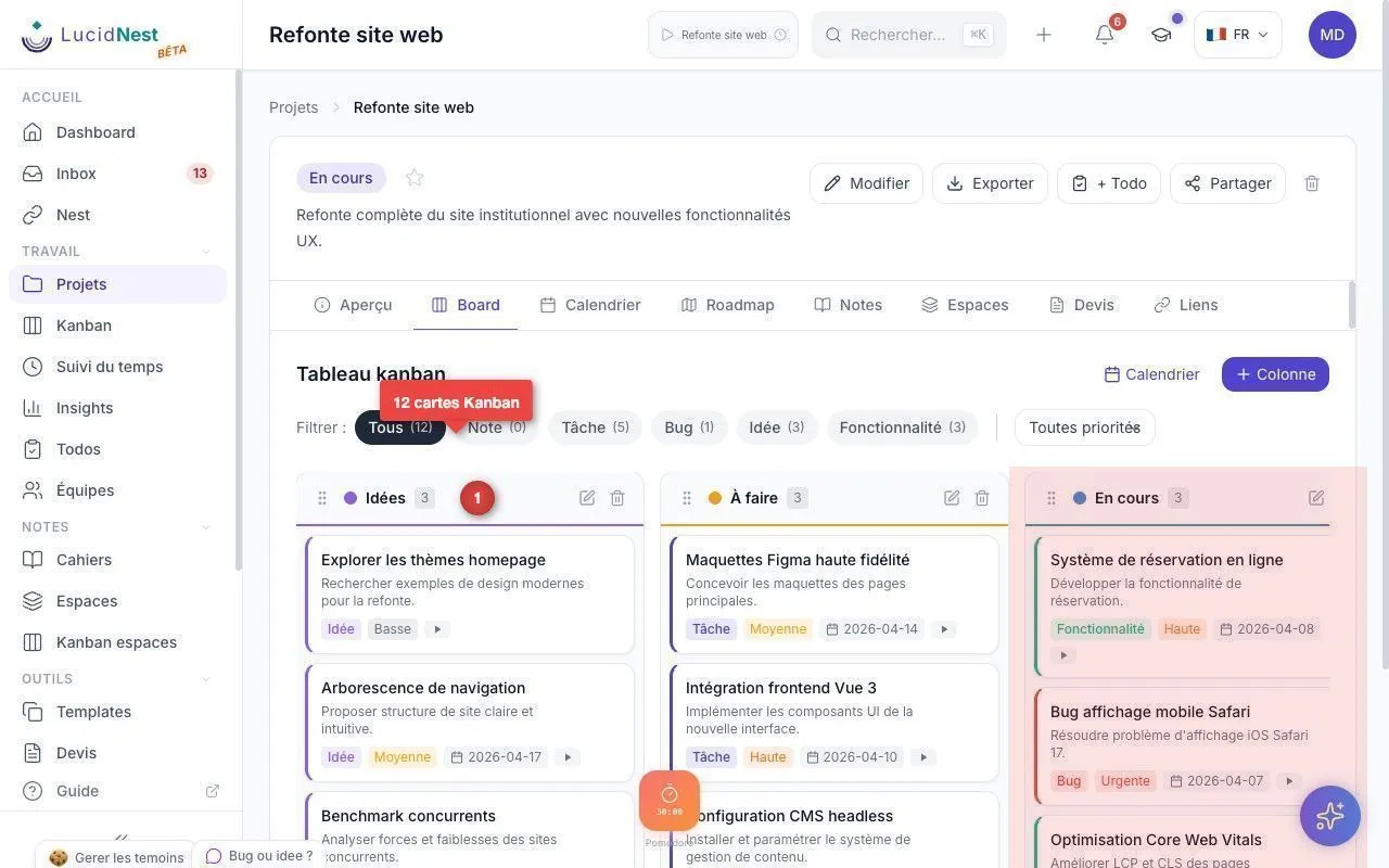 Tableau Kanban par projet avec colonnes glisser-déposer