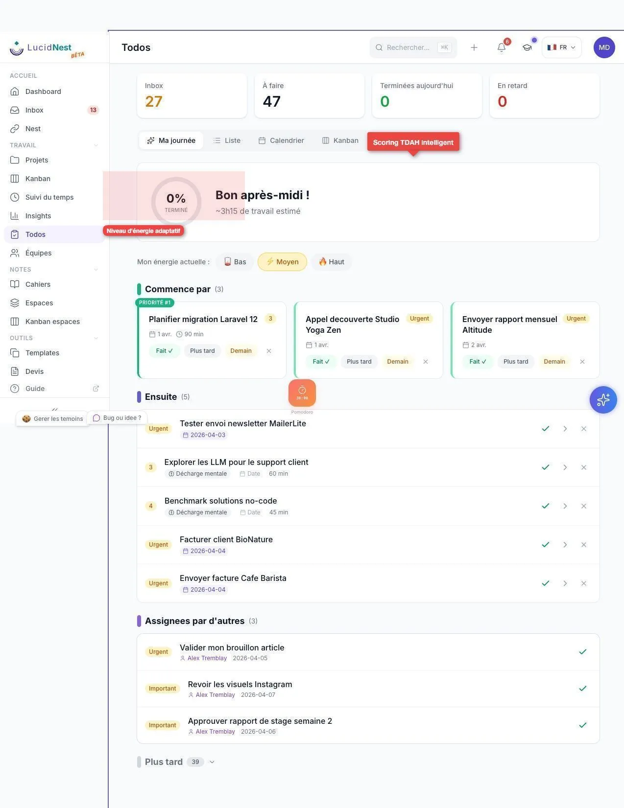 Vue Ma journée IA avec smart list TDAH